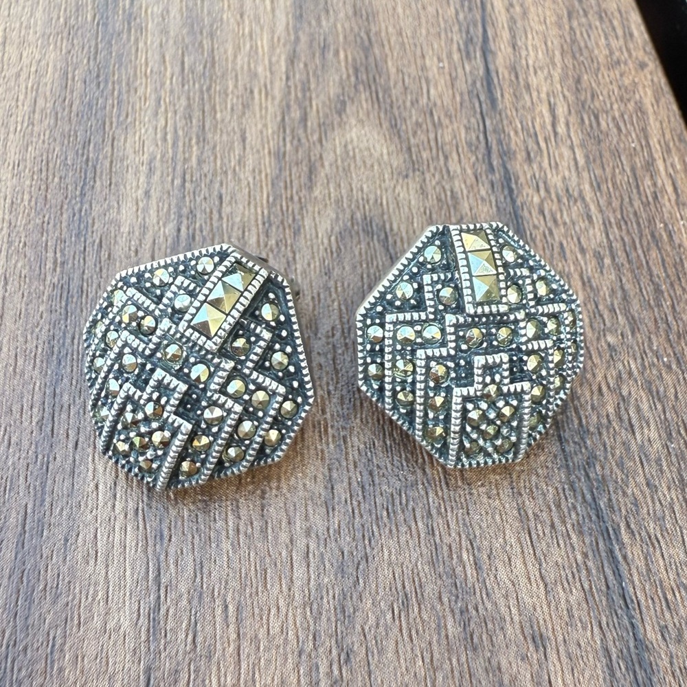 Judith Jack Geometric Vintage Silver and Gold Clip-On Earrings
